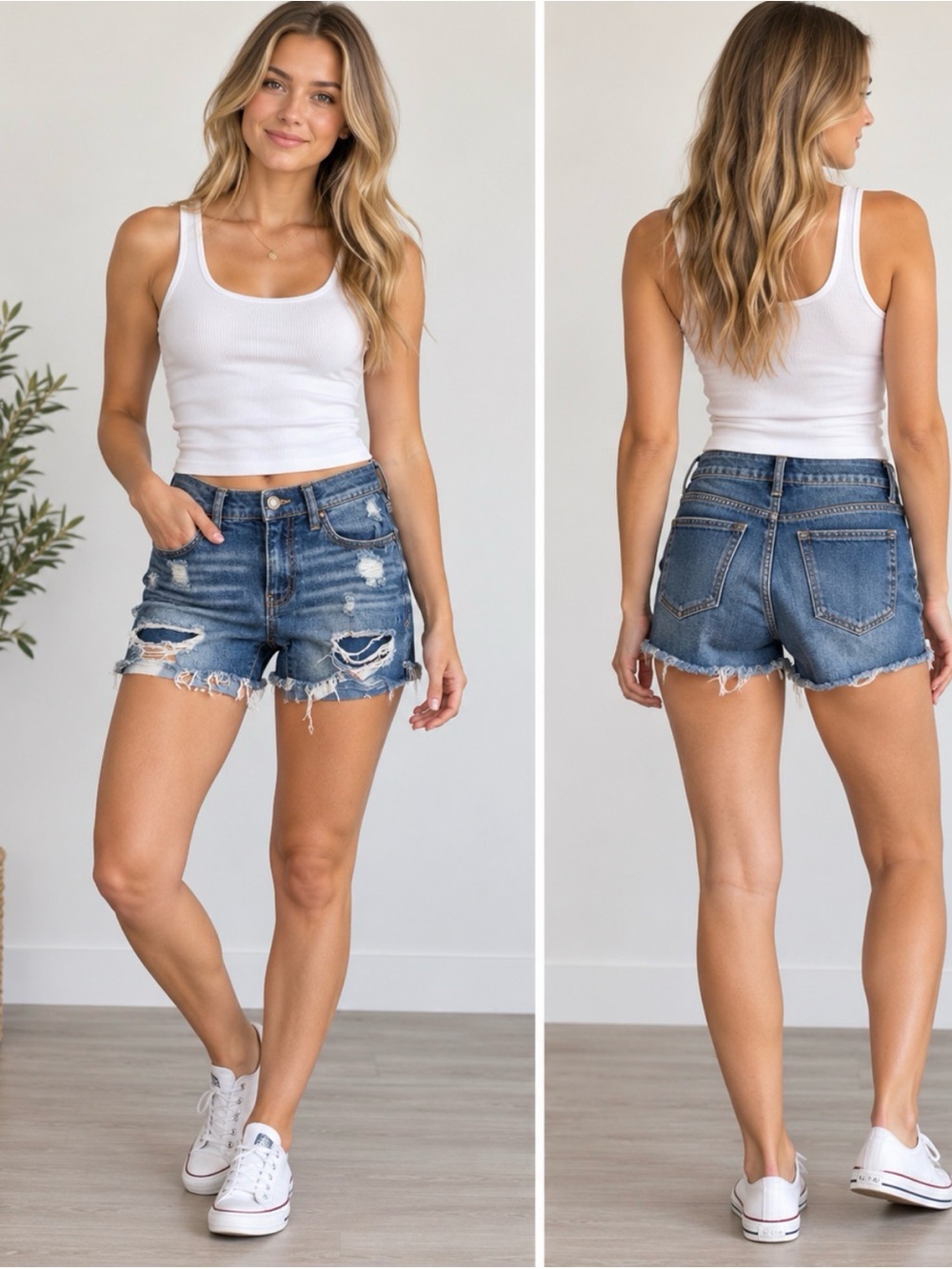 Classic Distressed Denim Shorts - Blue